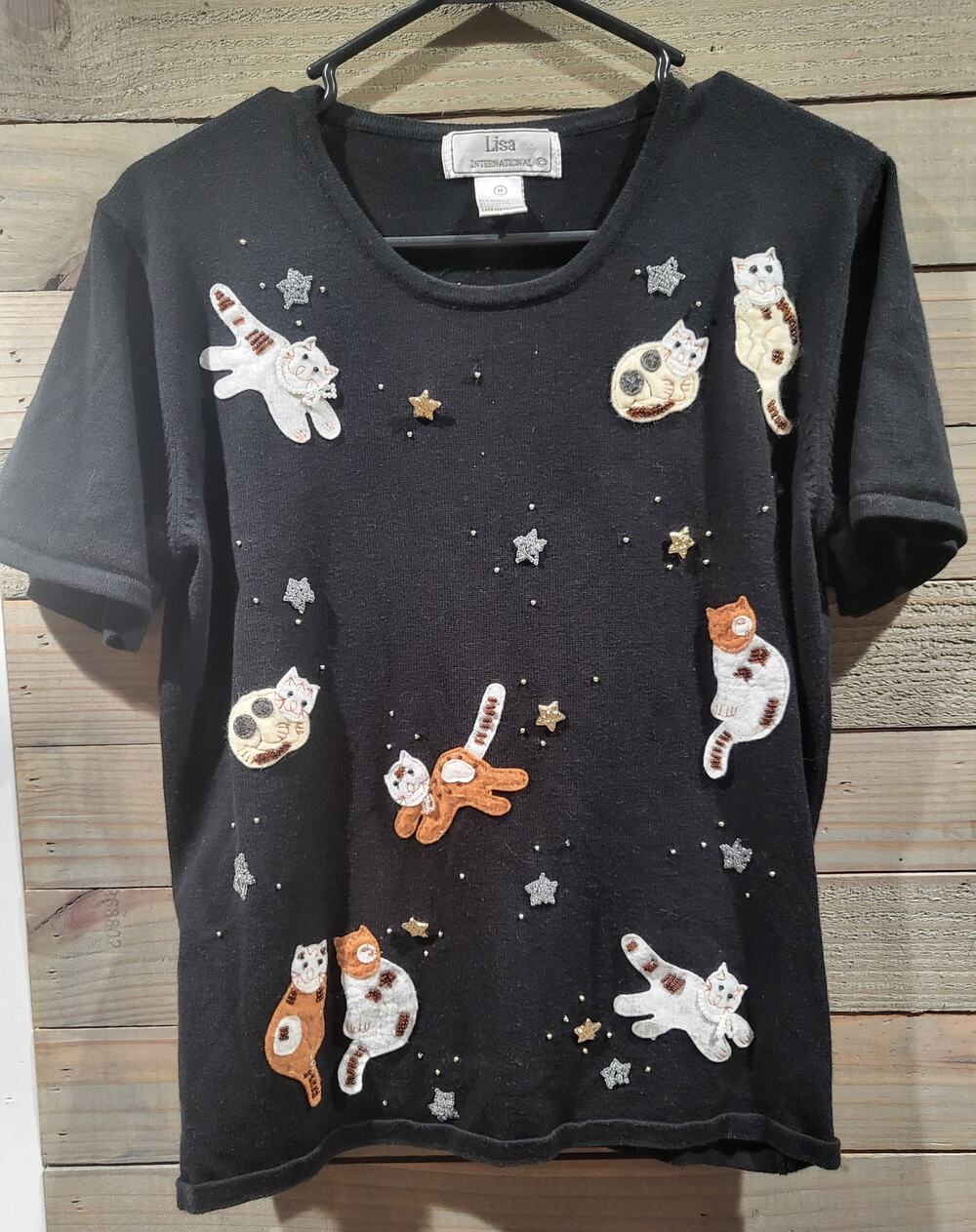 Lisa International Vintage Black Medium T-Shirt Cats and Stars Scoop Neck